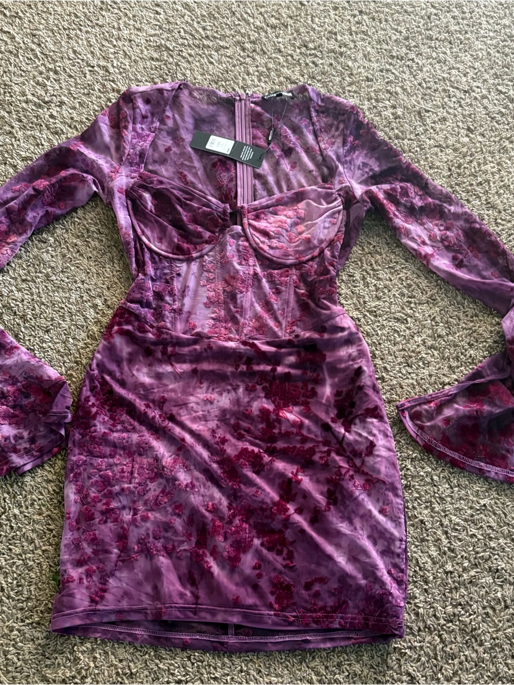 Fashion Nova Purple Velvet Burnout Long-Sleeve Bodycon Dress size M